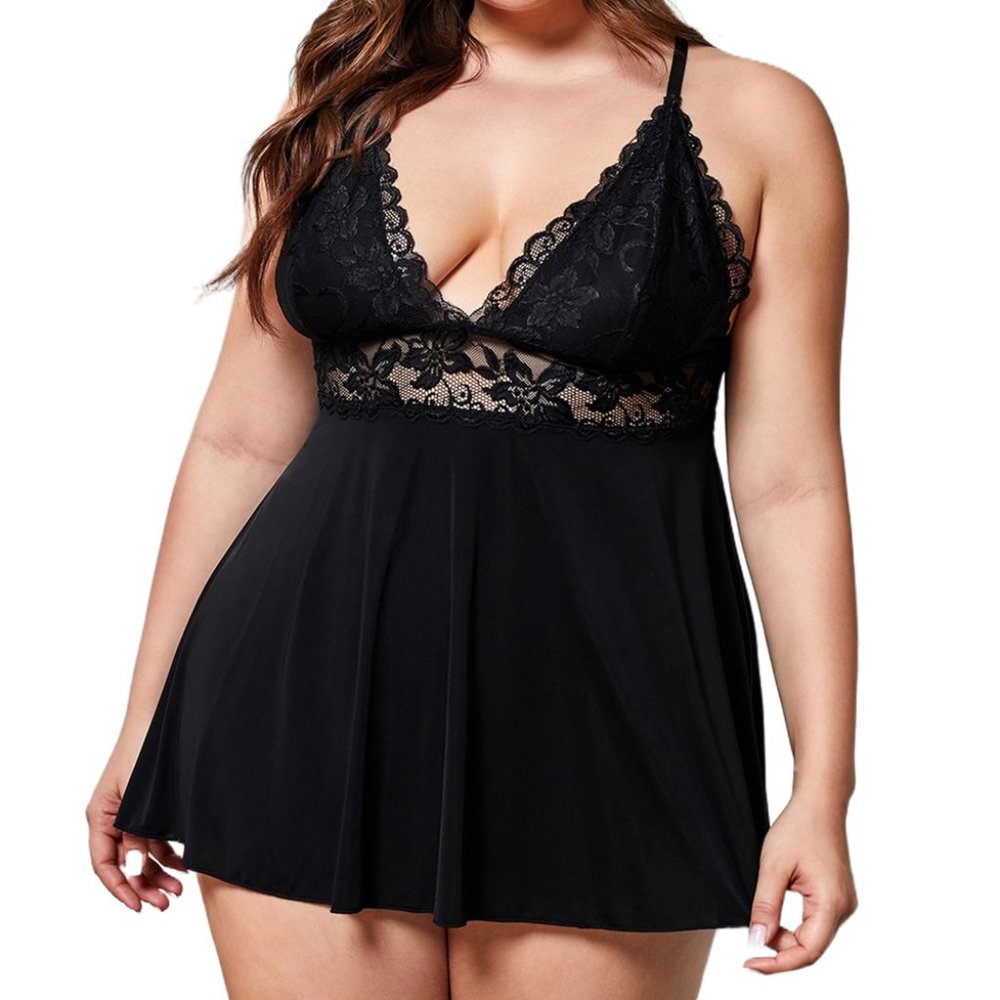 Black Lace See-through Plus Size Chemise